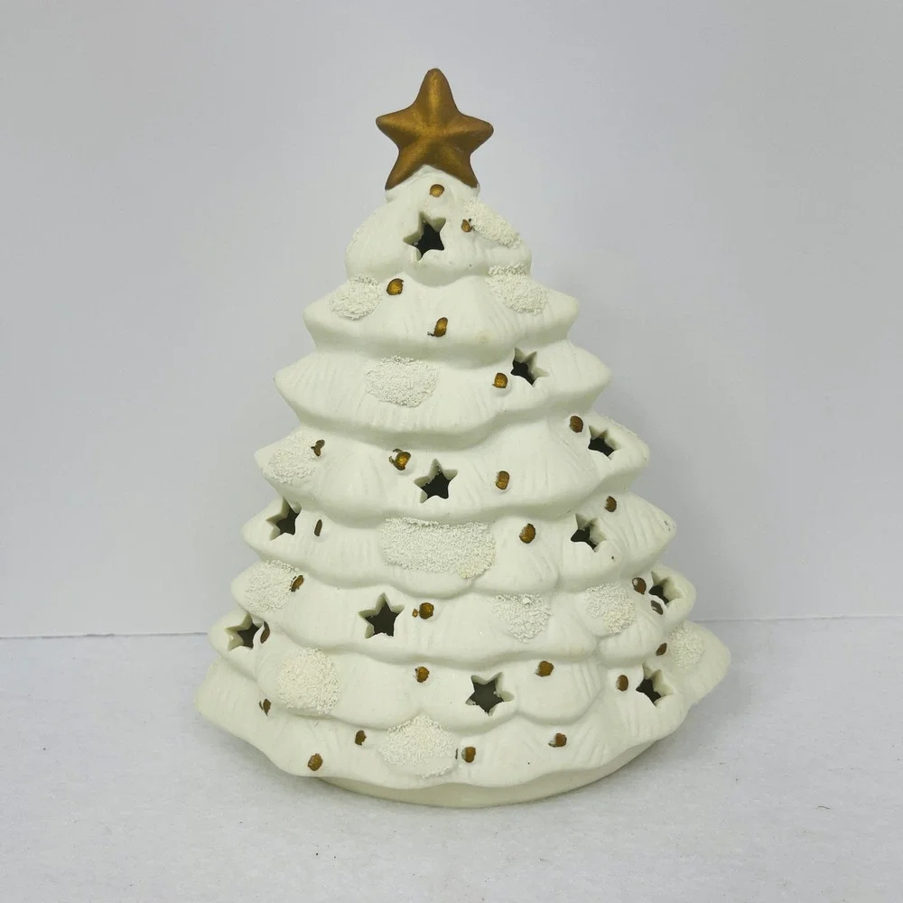 White Ceramic Christmas Tree Tea Light Holder Gold Star Cutouts Holiday Decor 8